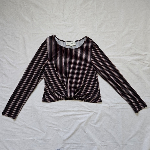Hiatus Knot Front Top Womens XL Striped LS Cropped Pullover Stretch Office Boho - Picture 7 of 16